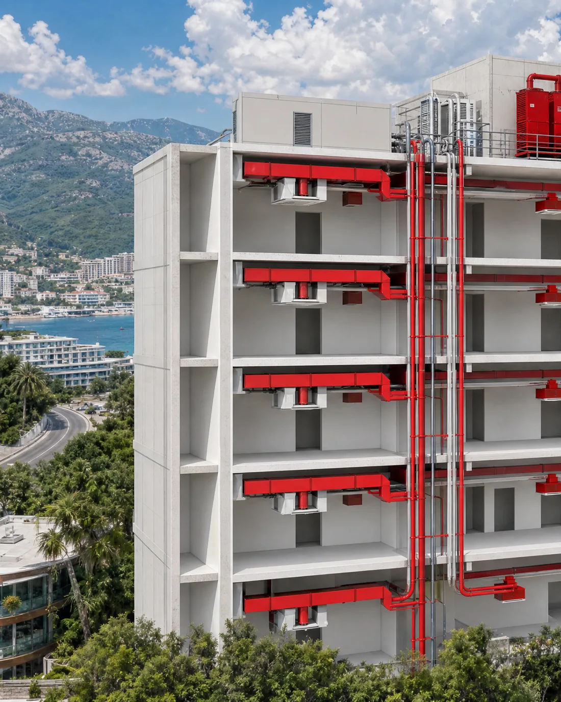 Hotel u Dukley Gardens bez fasade, instalacije vidljive na svakom spratu